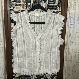 FRAME Lauren Eyelet Flutter Sleeve V-Neck Ruffle Blouse